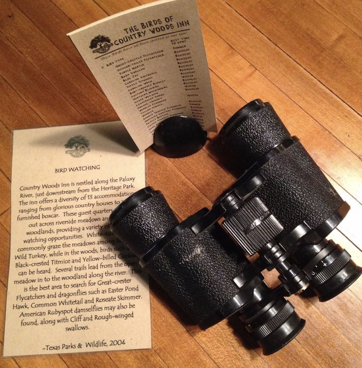 A pair of binoculars sit next to a list of birds to watch for