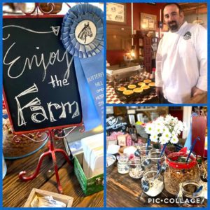 A collage of pictures showing a man in white chef coat cooking pancakes, flowers on a wagon table with jars of granola and nuts, and a sign saying Enjoy the Farm with a blue ribbon hanging on it