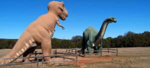 Two large dinosaur statues in an open field