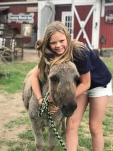 A young girl with blonde hair hugs a donkey's neck in front of a red barn
