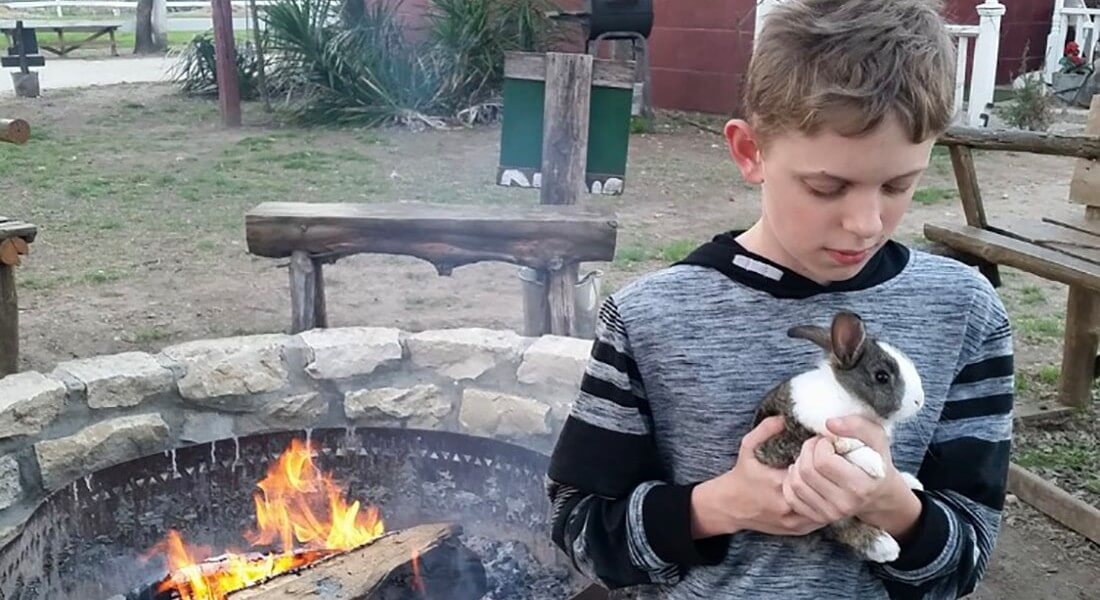 Young boy carefully holds a grey and white rabbit, standing near a fire pit. 