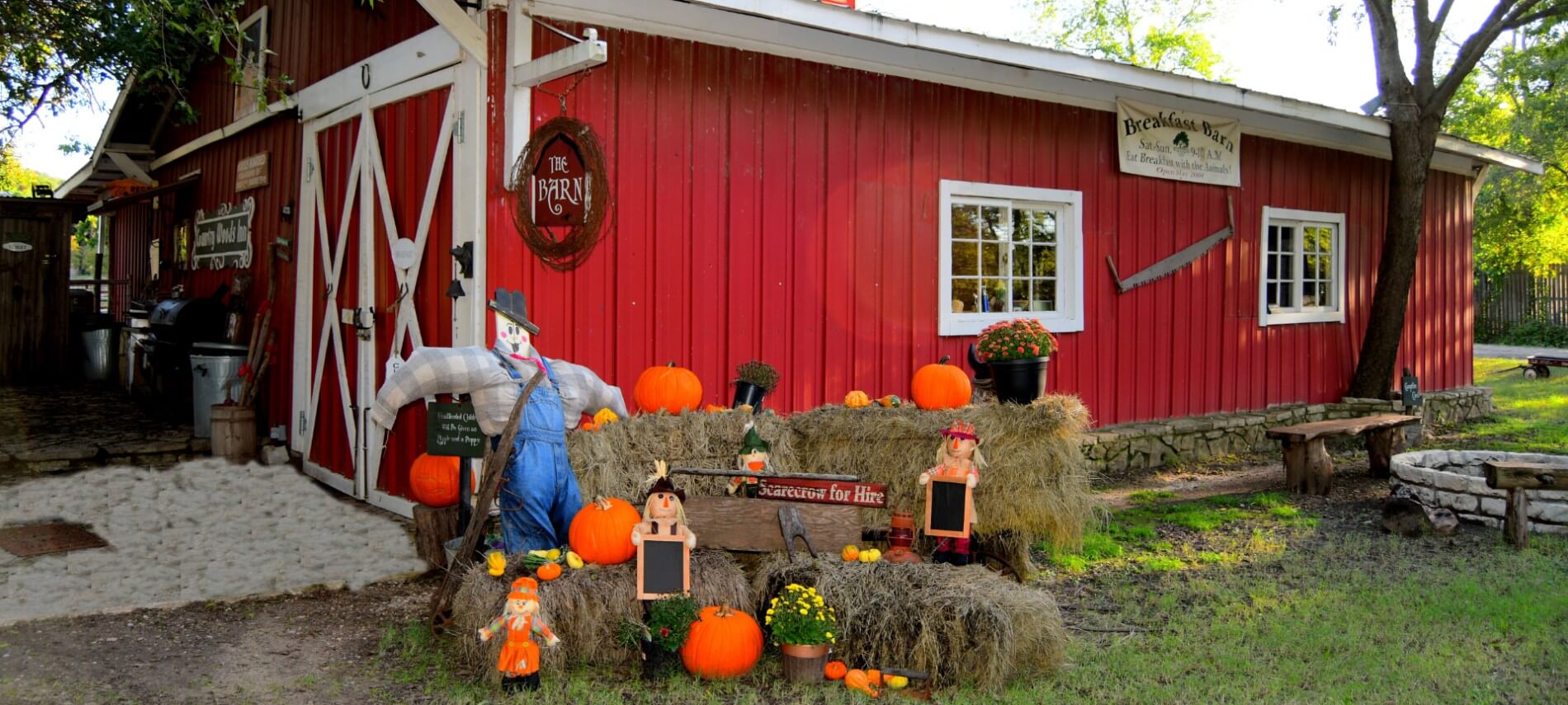 Red barn decorated for fall with scarecrow and pumpkins on hay bales.